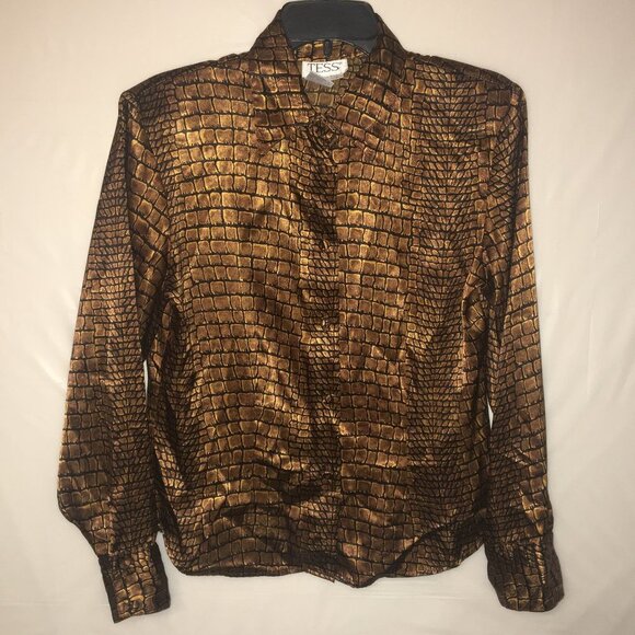 Tess Tops - Tess Ladies' LS Blouse Snakeskin Print Brown Copper Black Size 6